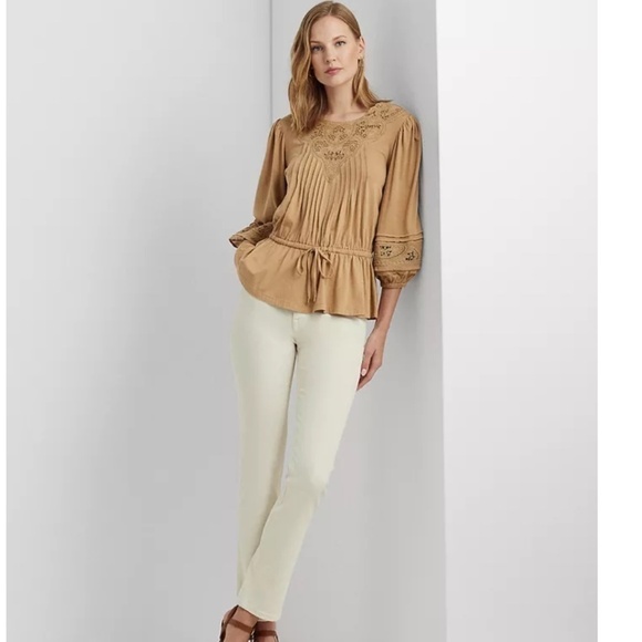 NWT LAUREN RALPH LAUREN Women's Lace-Trim Jersey Peplum Top Siz… - Picture 7 of 9